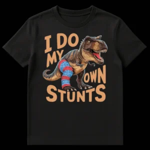 Funny T-Rex dinosaur wearing 80s leg warmers with 'I DO MY OWN STUNTS' text on a black t-shirt on Black t-shirt