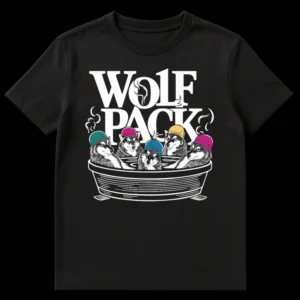 Five Huskies or Malamutes wearing colorful beanies packed into a bathtub, with 'WOLF PACK' text above, on a black t-shirt. on Black t-shirt