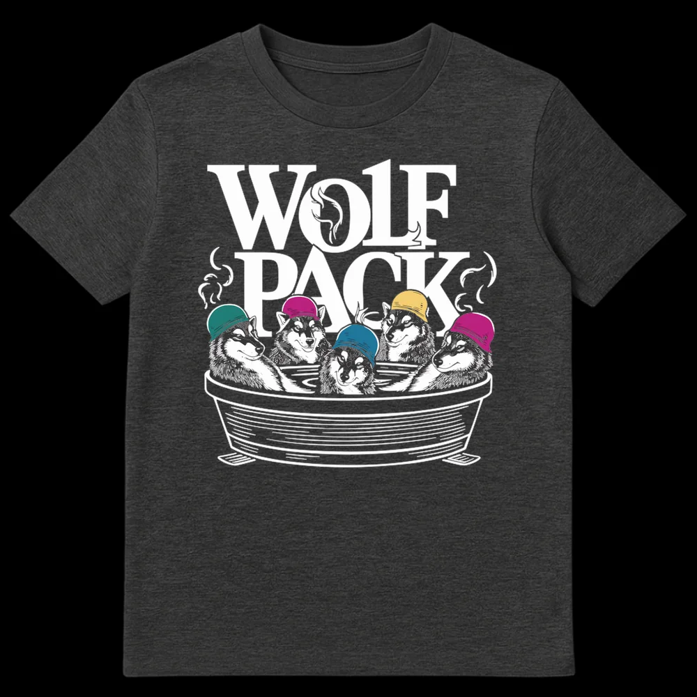 Five Huskies or Malamutes wearing colorful beanies packed into a bathtub, with 'WOLF PACK' text above, on a black t-shirt. on Dark Heather t-shirt