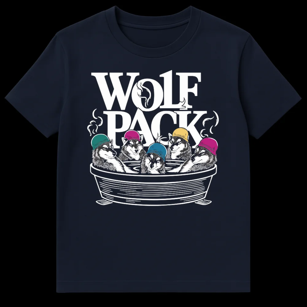 Five Huskies or Malamutes wearing colorful beanies packed into a bathtub, with 'WOLF PACK' text above, on a black t-shirt. on Navy Blue t-shirt