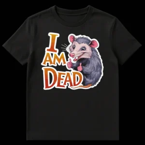Cartoon opossum t-shirt with text 'I AM DEAD', cheerful animal with thumbs up, playing dead joke design on Black t-shirt