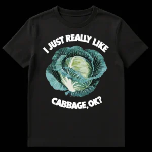 Funny green t-shirt with a detailed vector illustration of a cabbage and the text 'I JUST REALLY LIKE CABBAGE, OK?' in bold white letters. on Black t-shirt