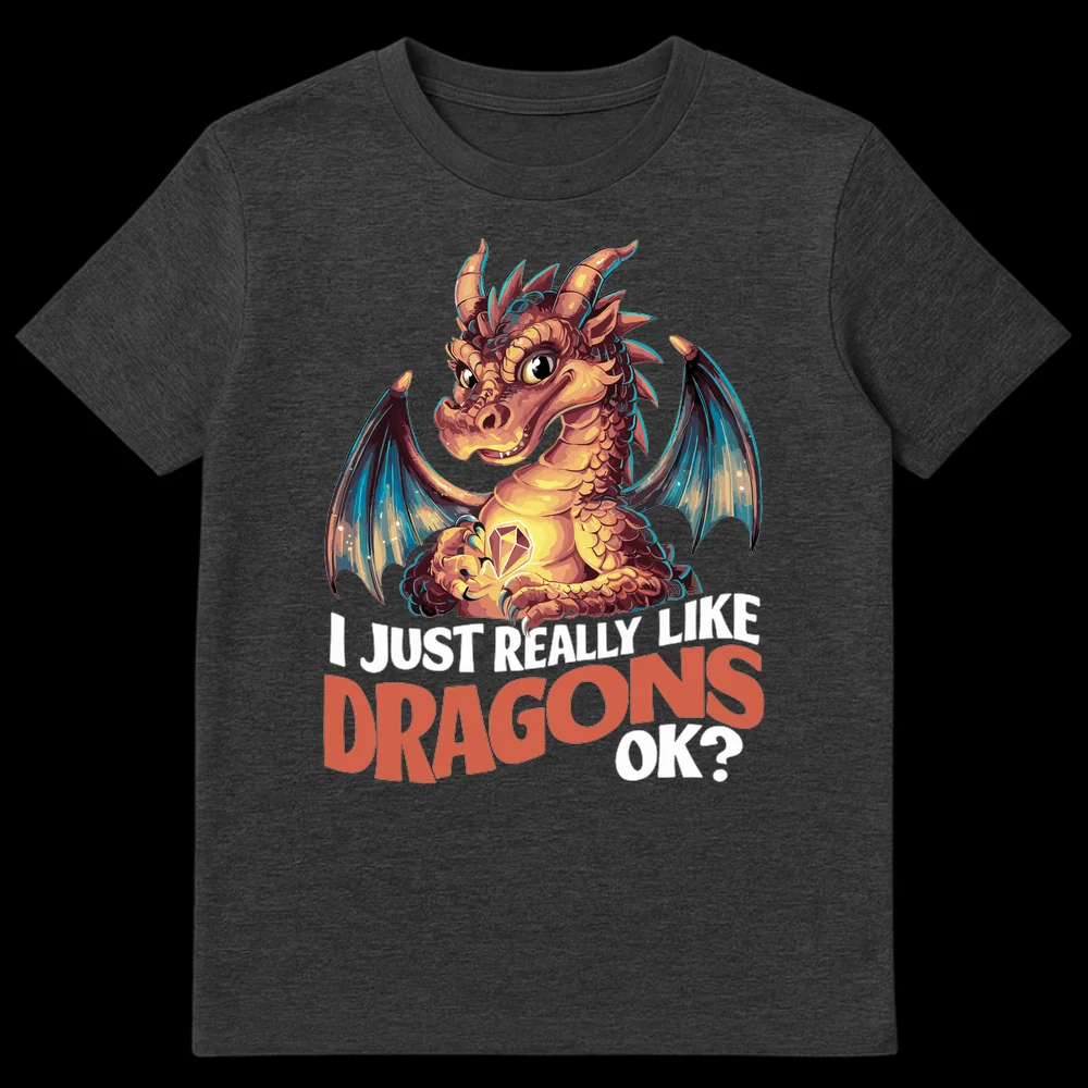 Cute cartoon dragon t-shirt with text 'I Just Really Like Dragons OK?' on a black background on Dark Heather t-shirt