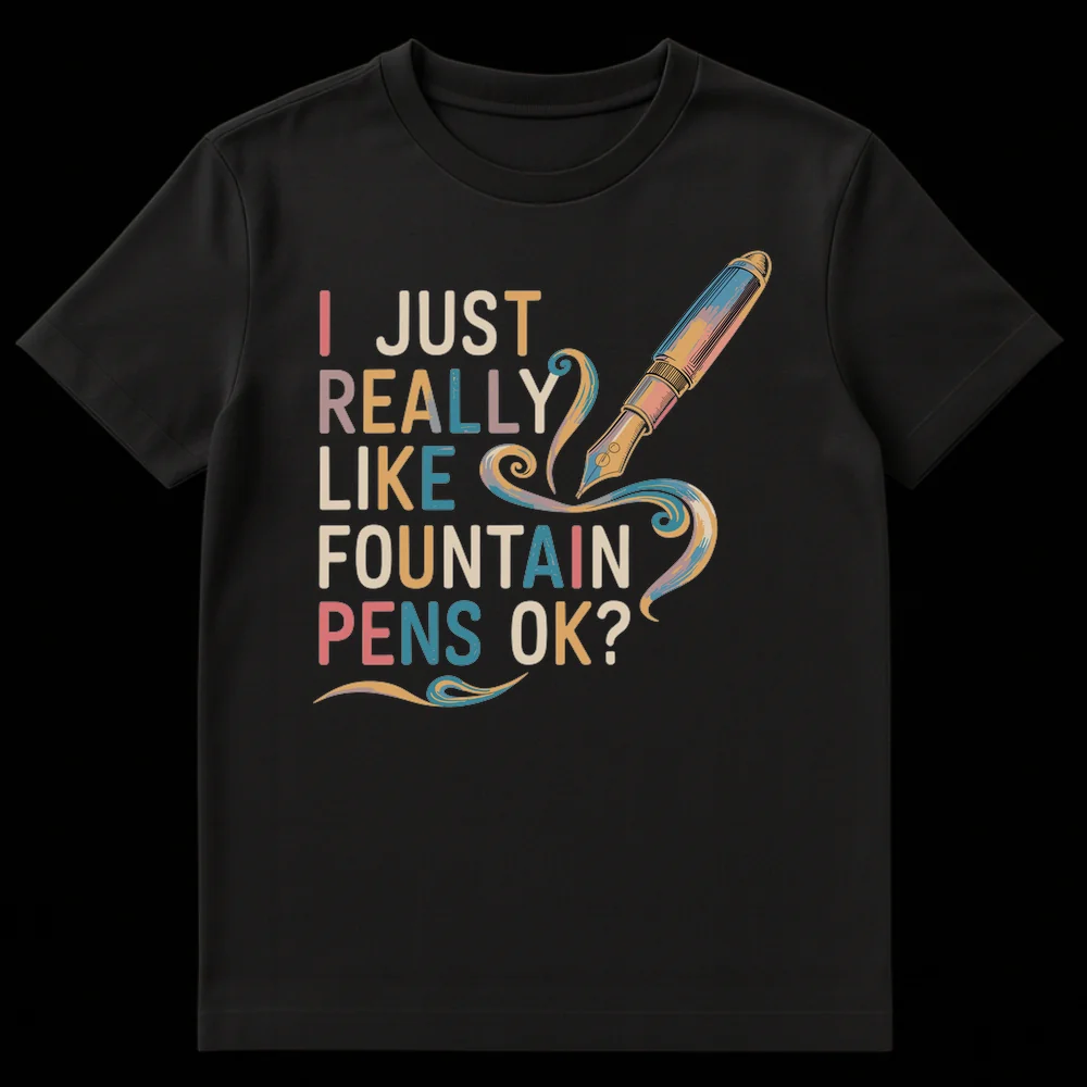 Fountain Pen Lover T-Shirt with 'I JUST REALLY LIKE FOUNTAIN PENS OK?' slogan and vintage pen illustration on Black t-shirt