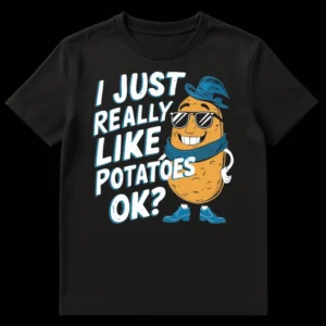 Black t-shirt with a cool, anthropomorphic potato wearing sunglasses and a fedora, next to the text 'I JUST REALLY LIKE POTATOES OK?' on Black t-shirt