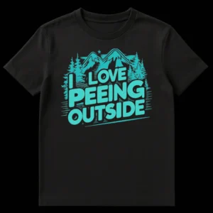 I LOVE PEEING OUTSIDE t-shirt with teal mountains and pine trees on a black background on Black t-shirt
