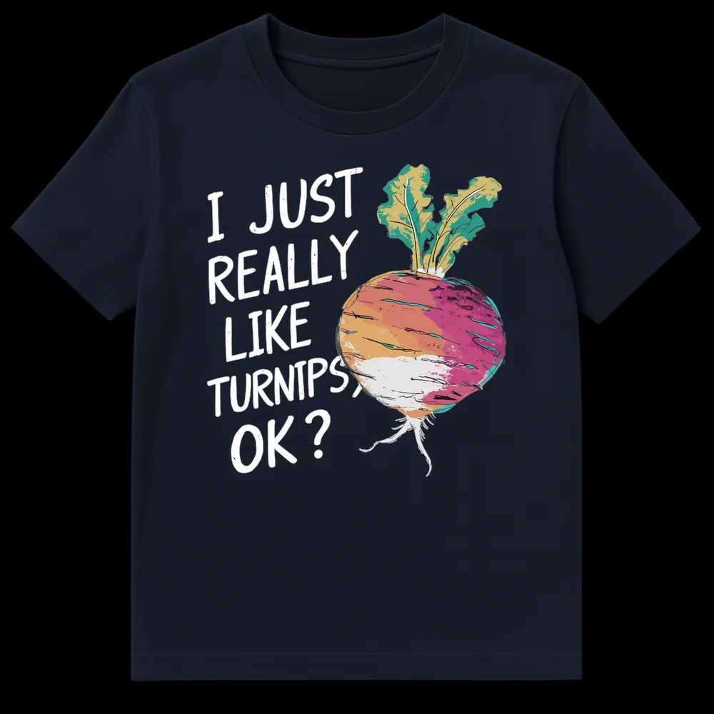 I Just Really Like Turnips Ok Funny Vegetable T-Shirt Distressed Hand-Drawn Design on Navy Blue t-shirt
