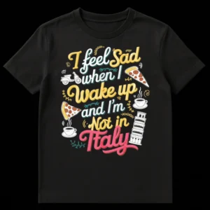 T-shirt with 'I feel Sad when I Wake up and I'm Not in Italy' text and doodles of Vespa, pizza, coffee, Leaning Tower of Pisa on a black background. on Black t-shirt