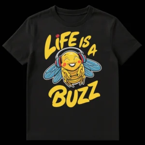 Happy anthropomorphic bee with headphones and 'LIFE IS A BUZZ' text on a black t-shirt on Black t-shirt