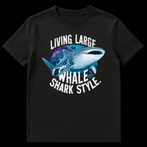 Living Large Whale Shark Style T-Shirt featuring a majestic whale shark graphic in an underwater scene with 'LIVING, LARGE WHALE SHARK STYLE.' text. on Black t-shirt