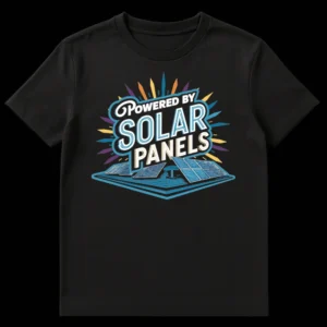 T-shirt with 'POWERED BY SOLAR PANELS' retro graphic and stylized solar panels, celebrating renewable energy on Black t-shirt
