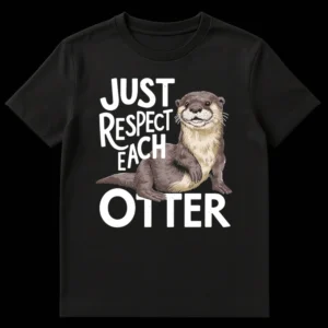 JUST RESPECT EACH OTTER t-shirt with a happy, realistic otter illustration and hand-drawn white text on a black background. on Black t-shirt