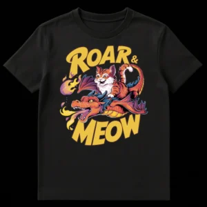 Vibrant cartoon t-shirt with an orange cat riding a fire-breathing dragon, text reads 'ROAR & MEOW'. on Black t-shirt