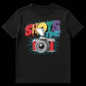 Retro pop art t-shirt with 'SHOTS TIME' text and a vintage camera illustration, vibrant colors on black. on Black t-shirt
