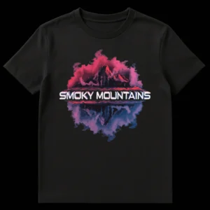 Smoky Mountains T-Shirt with vaporwave aesthetic, vibrant pink and purple mountain landscape, and bold white text on a black background. on Black t-shirt