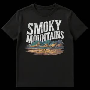 Smoky Mountains t-shirt with distressed typography and an illustrative mountain landscape in earthy tones. on Black t-shirt