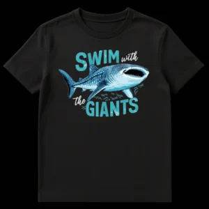 Black t-shirt with a blue and white whale shark illustration and text 'SWIM with the GIANTS' in blue and white on Black t-shirt