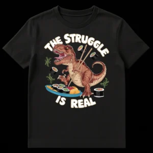 Funny T-Rex dinosaur struggling to eat sushi with chopsticks with the text "THE STRUGGLE IS REAL" on Black t-shirt