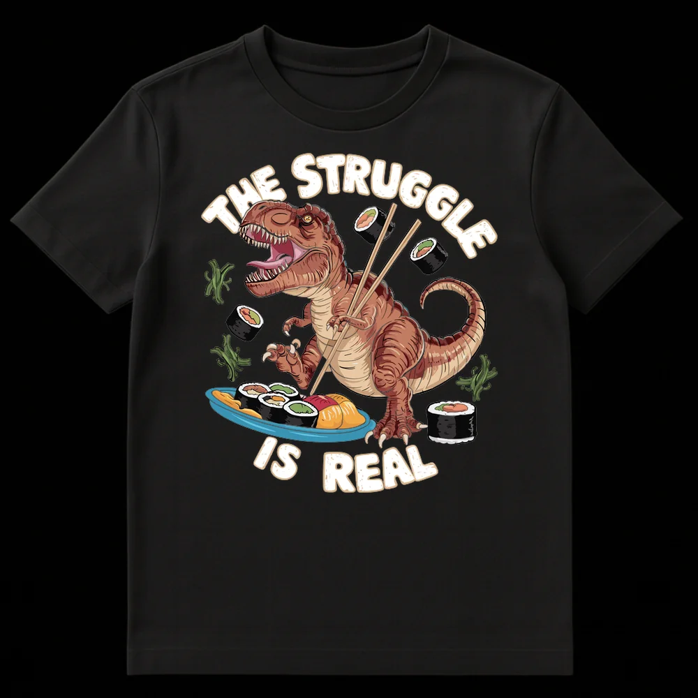 Funny T-Rex dinosaur struggling to eat sushi with chopsticks with the text "THE STRUGGLE IS REAL" on Black t-shirt