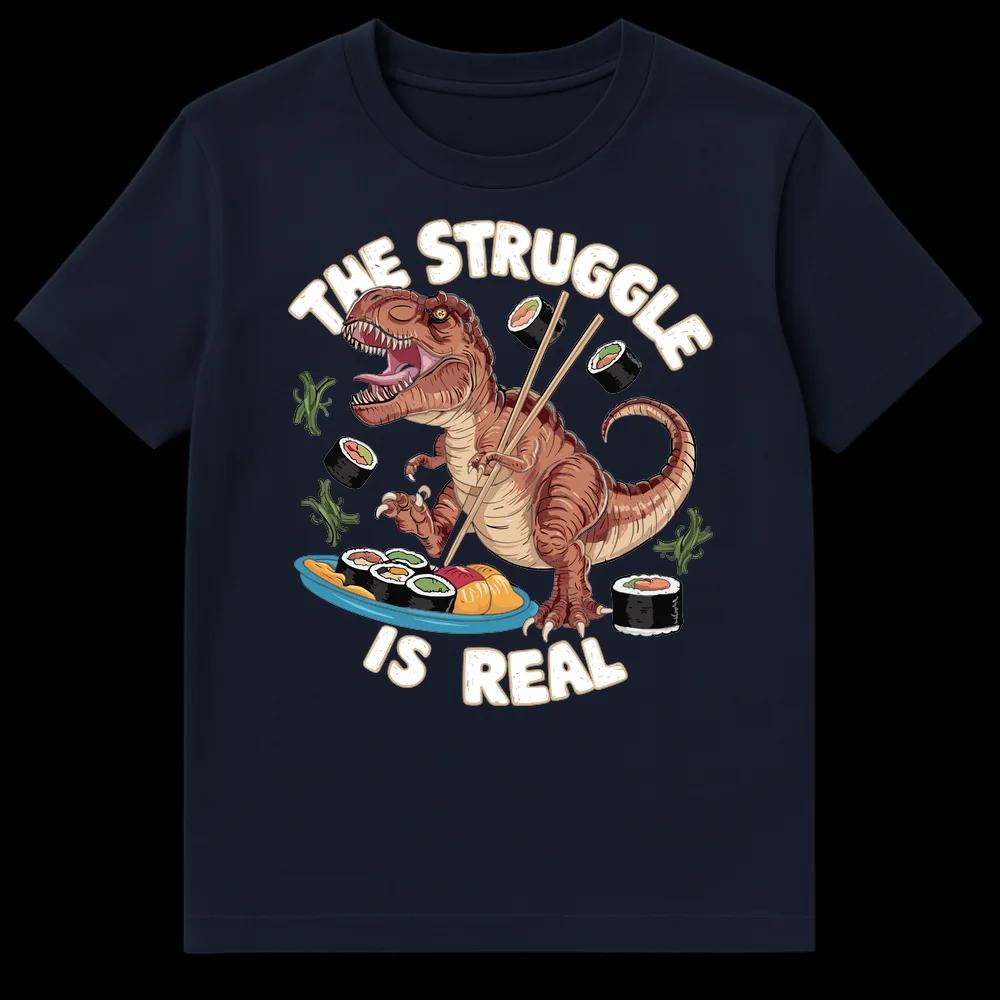Funny T-Rex dinosaur struggling to eat sushi with chopsticks with the text "THE STRUGGLE IS REAL" on Navy Blue t-shirt