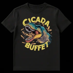 T-Rex eating cicadas t-shirt design with 'CICADA BUFFET' text in comic book style art on Black t-shirt
