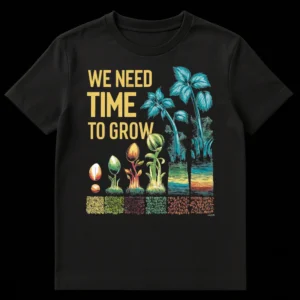 WE NEED TIME TO GROW t-shirt with stylized plant growth illustration, gold text on black on Black t-shirt