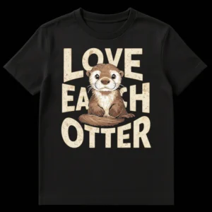 Black t-shirt with a cute otter illustration and the text 'LOVE EACH OTTER' in distressed beige font. on Black t-shirt