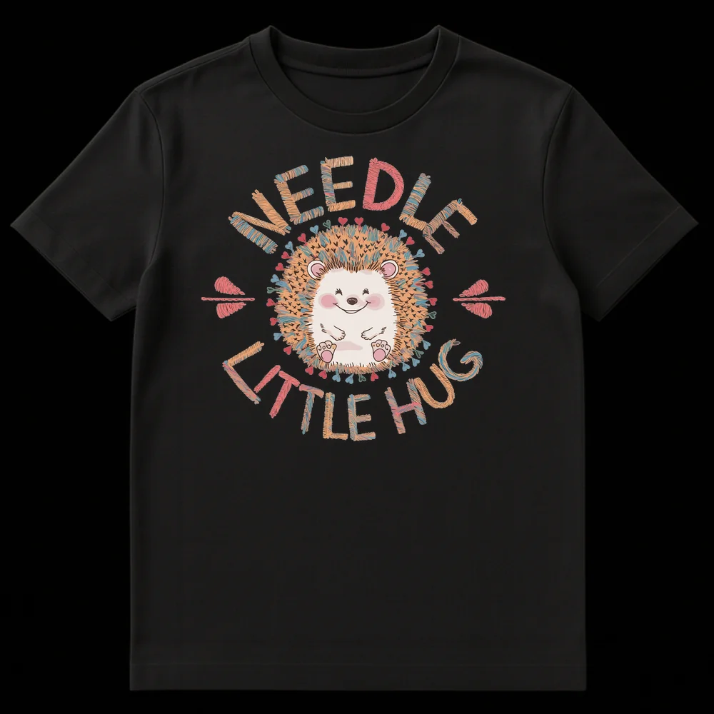 Cute 'Needle Little Hug' hedgehog t-shirt with whimsical, embroidered-style text and a smiling cartoon hedgehog on a black background. on Black t-shirt