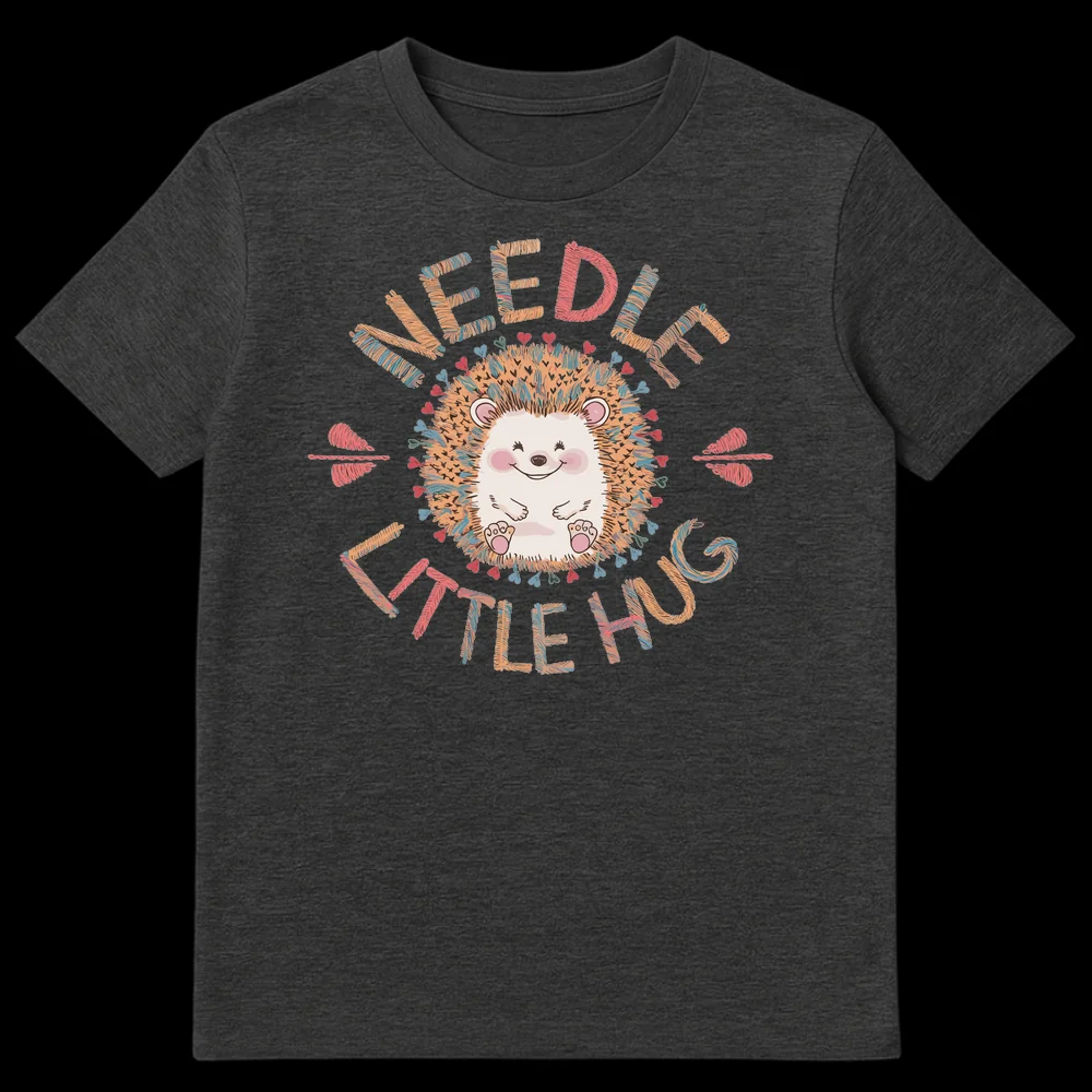 Cute 'Needle Little Hug' hedgehog t-shirt with whimsical, embroidered-style text and a smiling cartoon hedgehog on a black background. on Dark Heather t-shirt