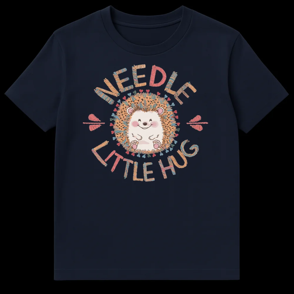 Cute 'Needle Little Hug' hedgehog t-shirt with whimsical, embroidered-style text and a smiling cartoon hedgehog on a black background. on Navy Blue t-shirt