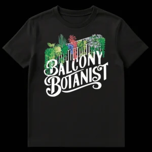 Balcony Botanist T-Shirt featuring a balcony garden with lush plants and retro-style text for urban gardeners and plant parents on Black t-shirt