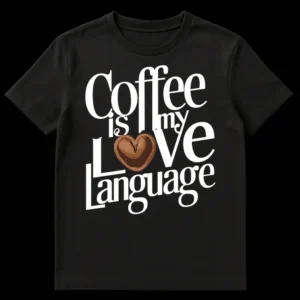 Coffee is my Love Language T-Shirt with heart coffee bean on black background on Black t-shirt