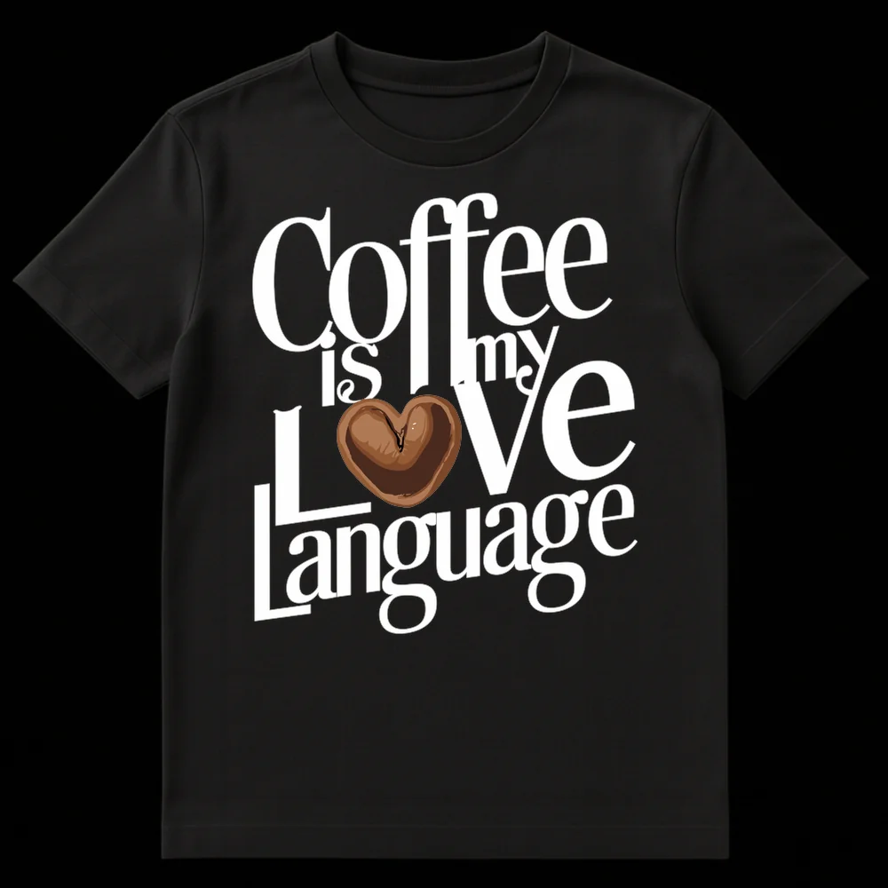 Coffee is my Love Language T-Shirt with heart coffee bean on black background on Black t-shirt