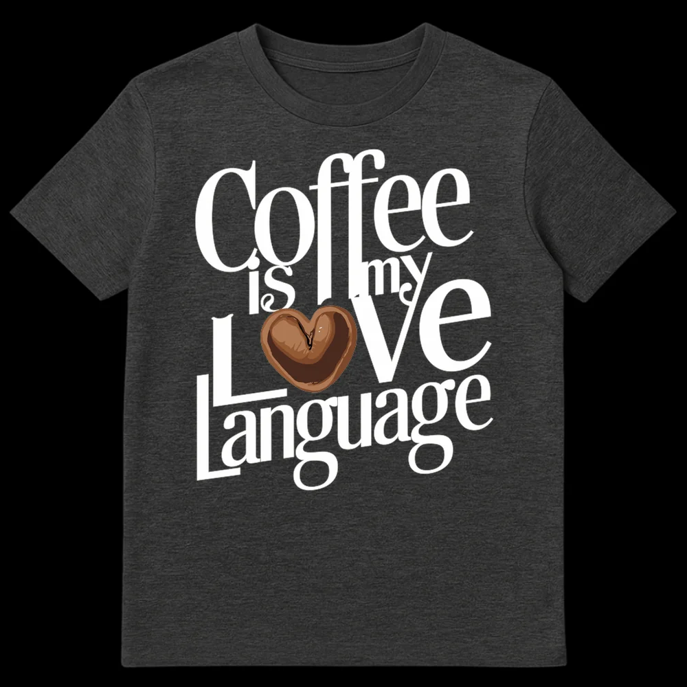 Coffee is my Love Language T-Shirt with heart coffee bean on black background on Dark Heather t-shirt