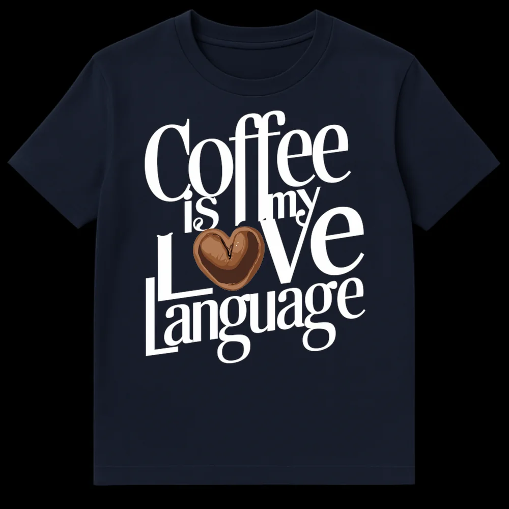 Coffee is my Love Language T-Shirt with heart coffee bean on black background on Navy Blue t-shirt