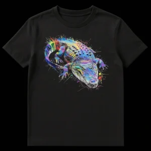 Vibrant paint splash alligator design on a black t-shirt, featuring a colorful crocodile with abstract paint splatters in rainbow hues, sharp teeth, and glowing yellow eyes. on Black t-shirt