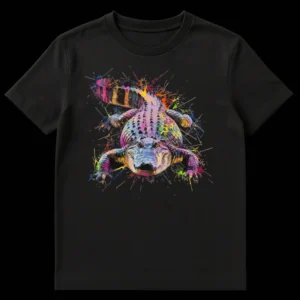 Vibrant splash art alligator t-shirt design with rainbow paint splatters on a black background on Black t-shirt