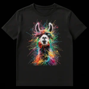 Vibrant abstract expressionist paint splatter llama art on a black t-shirt on Black t-shirt