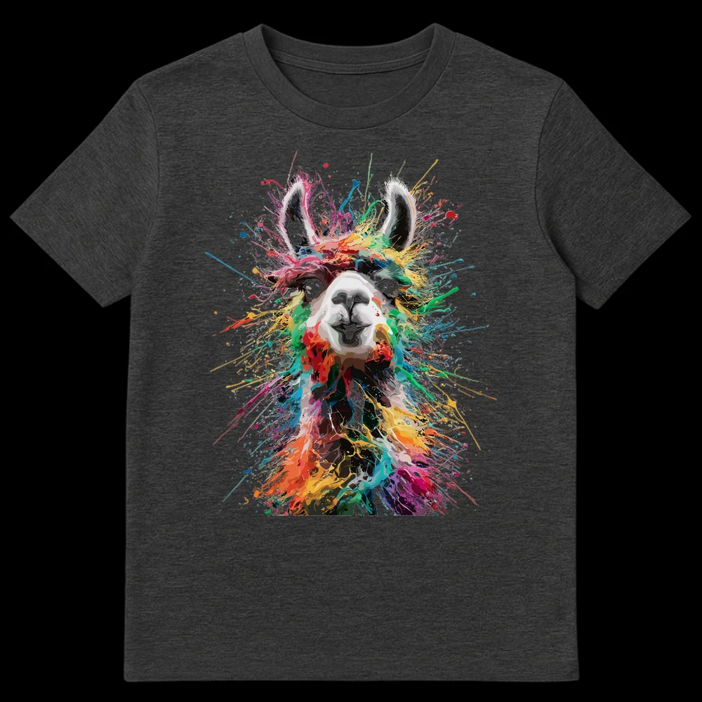 Vibrant abstract expressionist paint splatter llama art on a black t-shirt on Dark Heather t-shirt