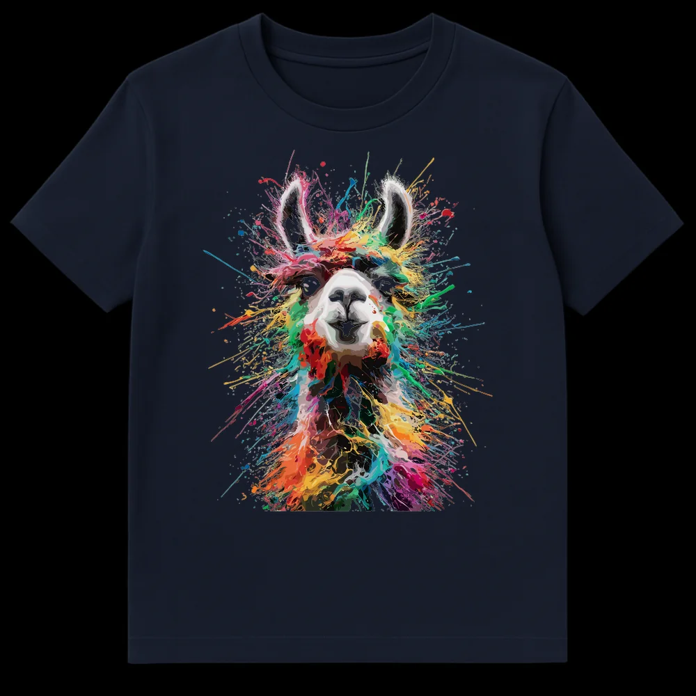 Vibrant abstract expressionist paint splatter llama art on a black t-shirt on Navy Blue t-shirt