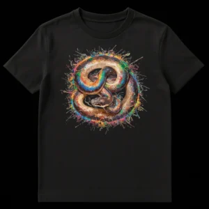 Abstract paint splatter coiled snake vibrant colors on black t-shirt on Black t-shirt