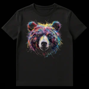 Abstract Bear Face T-Shirt with vibrant splatter paint colors on a black background, artistic animal design on Black t-shirt