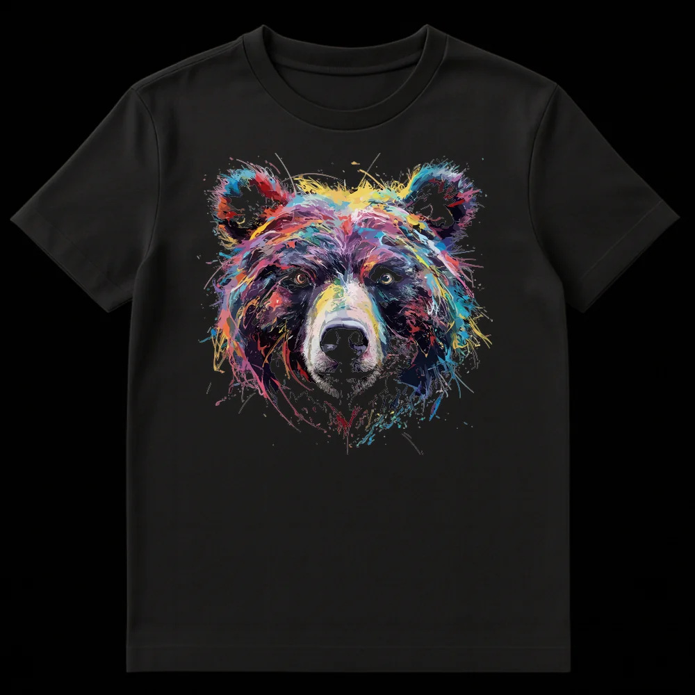 Abstract Bear Face T-Shirt with vibrant splatter paint colors on a black background, artistic animal design on Black t-shirt