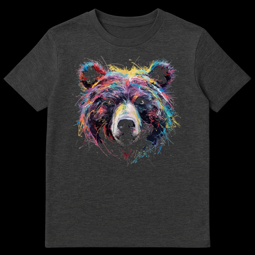 Abstract Bear Face T-Shirt with vibrant splatter paint colors on a black background, artistic animal design on Dark Heather t-shirt