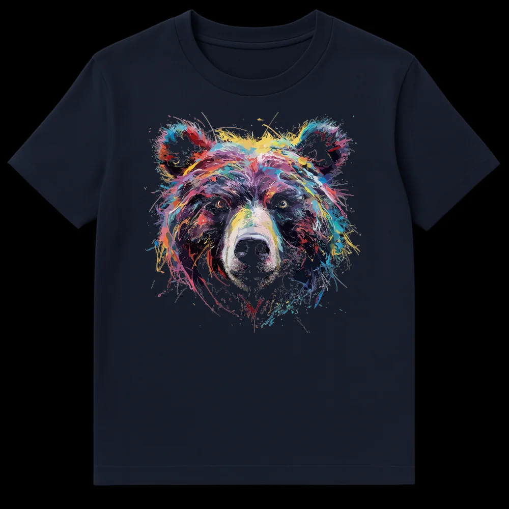 Abstract Bear Face T-Shirt with vibrant splatter paint colors on a black background, artistic animal design on Navy Blue t-shirt