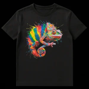 Splatter paint chameleon t-shirt design with vibrant rainbow colors on a black background on Black t-shirt