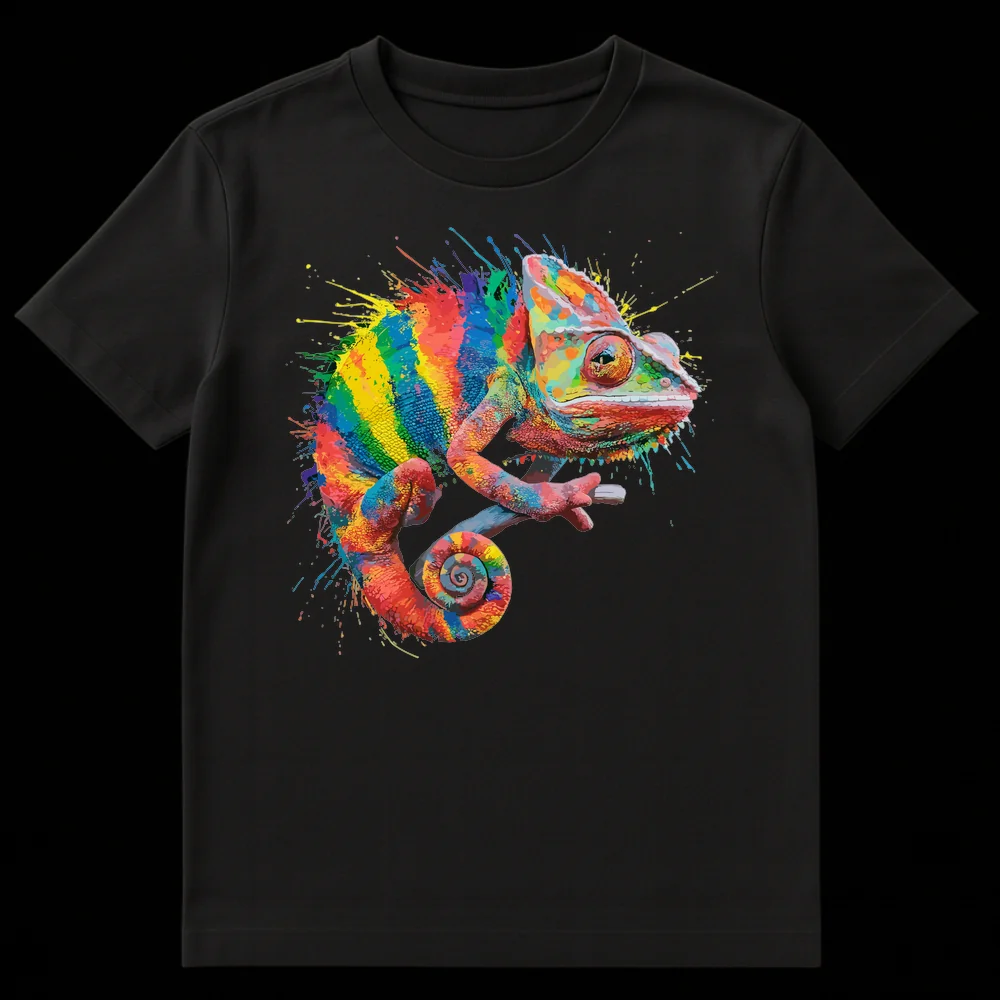 Splatter paint chameleon t-shirt design with vibrant rainbow colors on a black background on Black t-shirt
