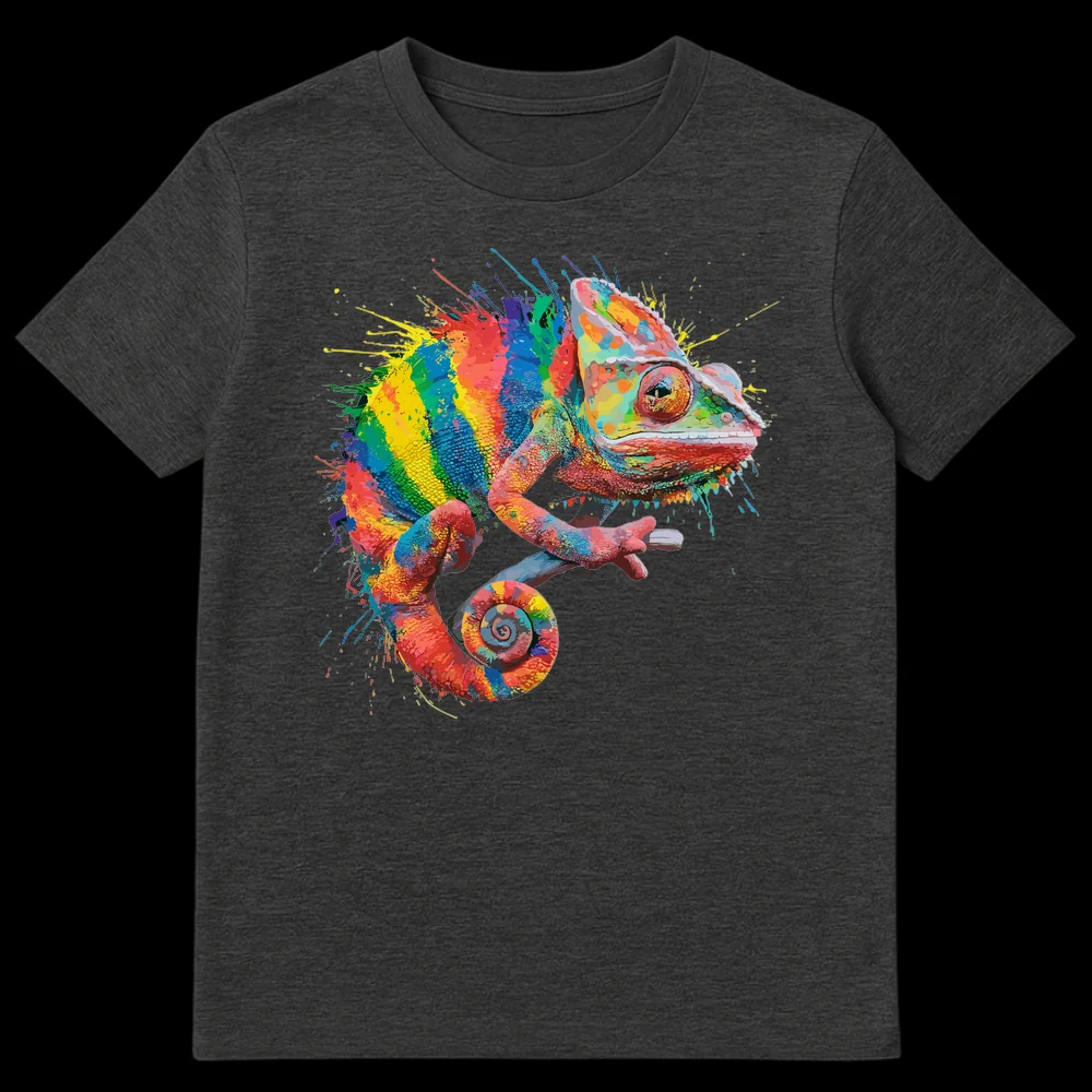 Splatter paint chameleon t-shirt design with vibrant rainbow colors on a black background on Dark Heather t-shirt