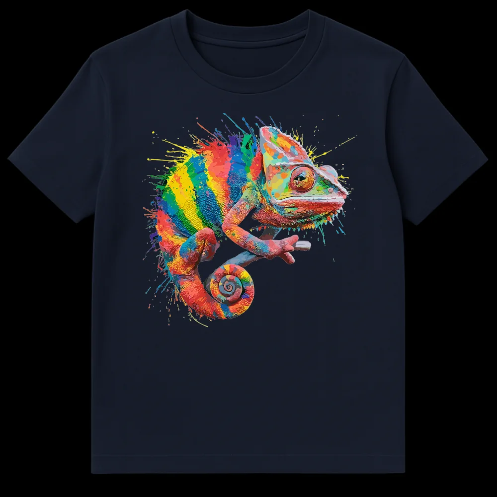 Splatter paint chameleon t-shirt design with vibrant rainbow colors on a black background on Navy Blue t-shirt