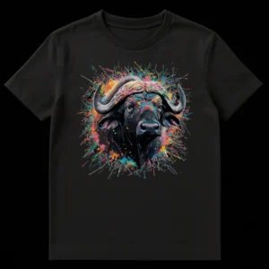 Vibrant Splatter Art African Buffalo Head T-Shirt Design with multi-colored paint splashes on black background on Black t-shirt